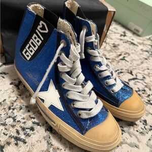 NEW Golden Goose High-Top V Star 1 Blue Glitter Coated Sneakers Women 5.5